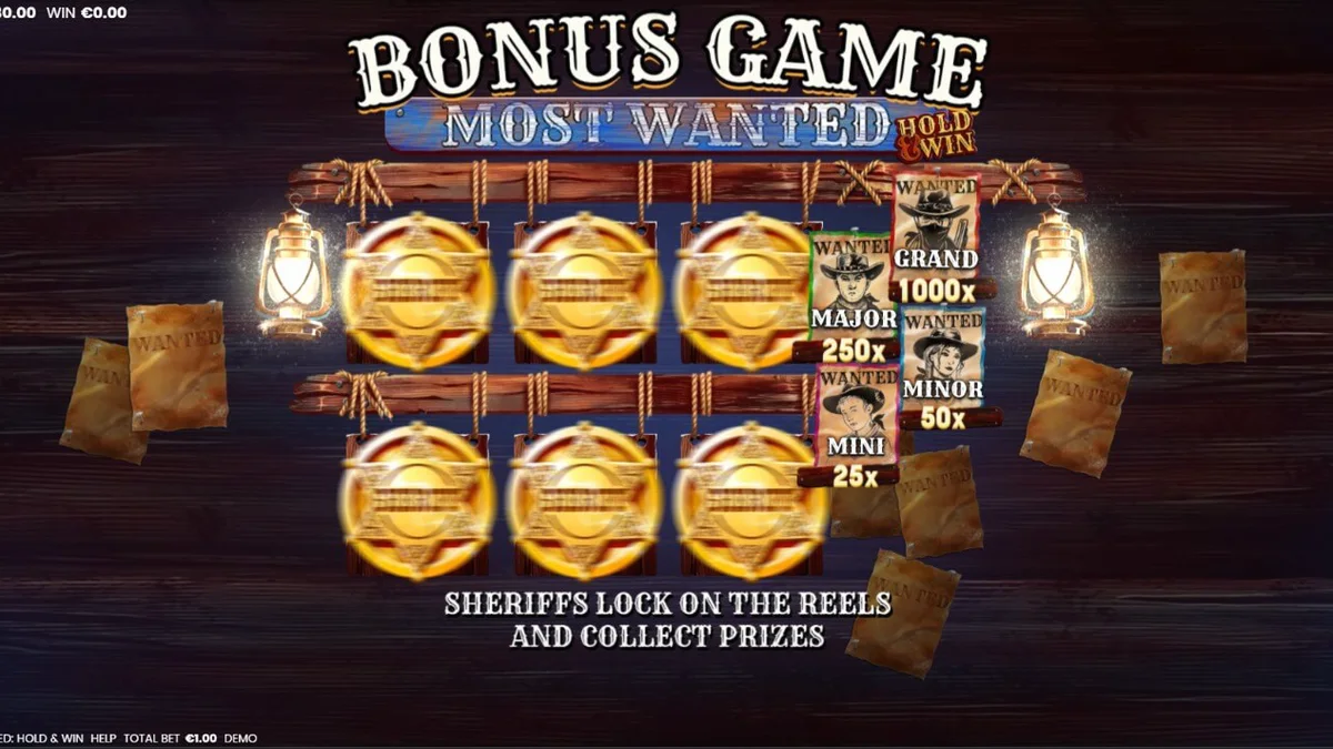 Most Wanted: Hold & Win slot game interface with Western theme