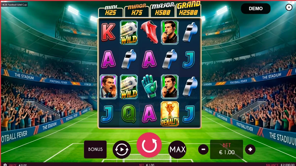 Tampilan visual slot Football Wild Cup dengan tema stadion sepak bola